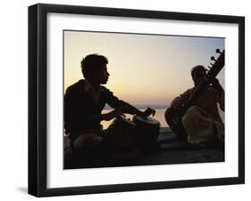 Sitar and Tabla Player Beside the Ganga River, Varanasi, Uttar Pradesh State, India-John Henry Claude Wilson-Framed Photographic Print