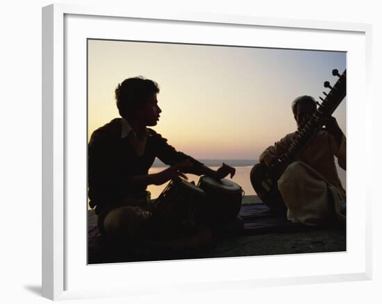 Sitar and Tabla Player Beside the Ganga River, Varanasi, Uttar Pradesh State, India-John Henry Claude Wilson-Framed Photographic Print