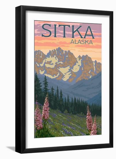 Sitka, Alaska - Bear and Cubs Spring Flowers-Lantern Press-Framed Art Print