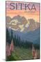 Sitka, Alaska - Bear and Cubs Spring Flowers-Lantern Press-Mounted Art Print