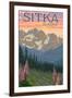 Sitka, Alaska - Bear and Cubs Spring Flowers-Lantern Press-Framed Art Print