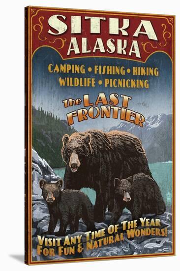 Sitka, Alaska - Black Bear Family Vintage Sign-Lantern Press-Stretched Canvas