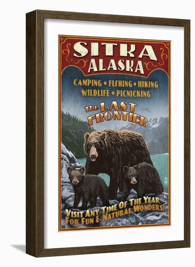 Sitka, Alaska - Black Bear Family Vintage Sign-Lantern Press-Framed Art Print