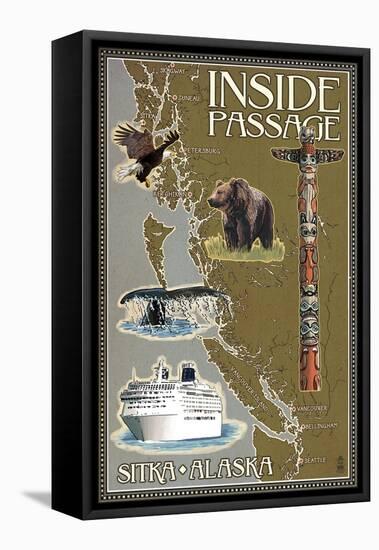 Sitka, Alaska - Inside Passage Map-Lantern Press-Framed Stretched Canvas