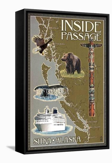 Sitka, Alaska - Inside Passage Map-Lantern Press-Framed Stretched Canvas