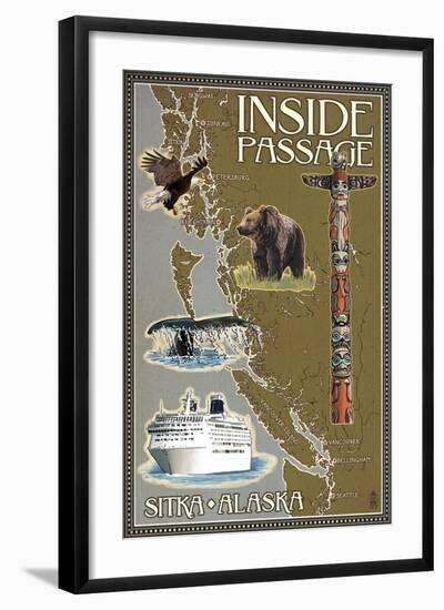 Sitka, Alaska - Inside Passage Map-Lantern Press-Framed Art Print