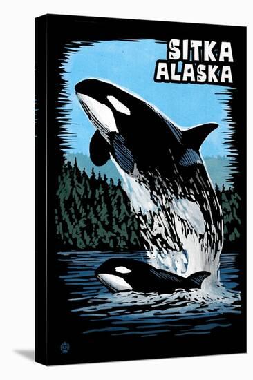 Sitka, Alaska - Orca - Scratchboard-Lantern Press-Stretched Canvas
