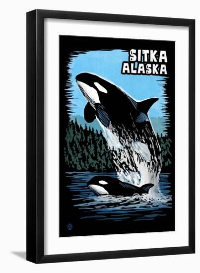 Sitka, Alaska - Orca - Scratchboard-Lantern Press-Framed Art Print