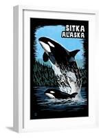 Sitka, Alaska - Orca - Scratchboard-Lantern Press-Framed Art Print