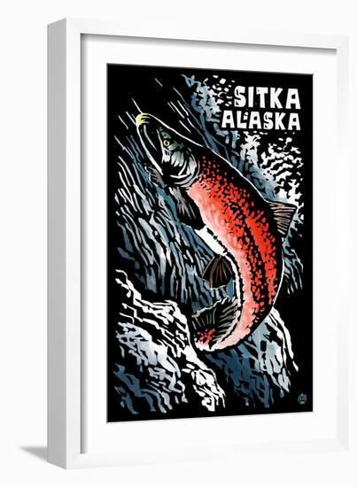 Sitka, Alaska - Sockeye Salmon - Scratchboard-Lantern Press-Framed Art Print