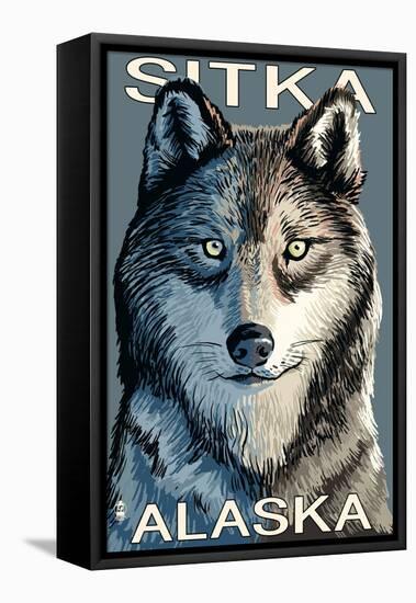 Sitka, Alaska - Wolf Up Close, c.2009-Lantern Press-Framed Stretched Canvas