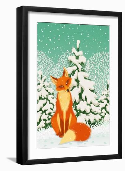 Sitting Red Fox in the Winter Forest-Milovelen-Framed Art Print