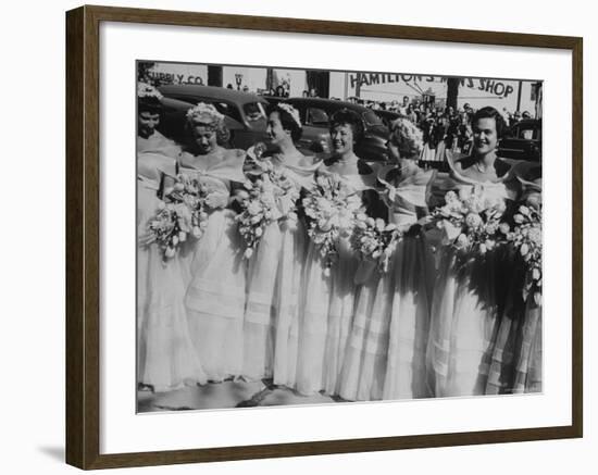 Six Bridesmaids Pose Together in White Organdy Gowns For Elizabeth Taylor and Nicky Hilton Wedding-Ed Clark-Framed Photographic Print