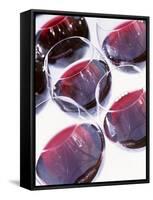 Six Glasses of Red Wine Against White Background-Linda Burgess-Framed Stretched Canvas