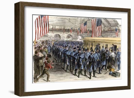 Sixth Massachusetts Regiment Leaving Jersey City by Train for the Civil War, c.1861-null-Framed Giclee Print