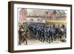 Sixth Massachusetts Regiment Leaving Jersey City by Train for the Civil War, c.1861-null-Framed Giclee Print