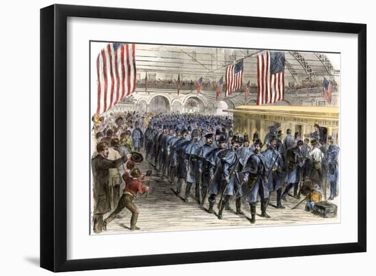 Sixth Massachusetts Regiment Leaving Jersey City by Train for the Civil War, c.1861-null-Framed Giclee Print