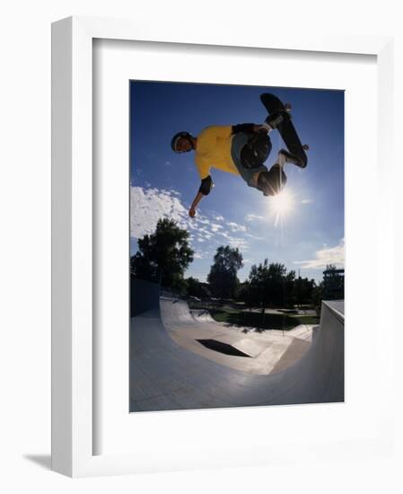 Skateboarder in Action on the Vert-null-Framed Photographic Print