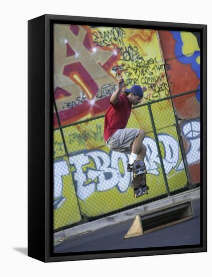 Skateboarder with Graffiti Background-null-Framed Stretched Canvas