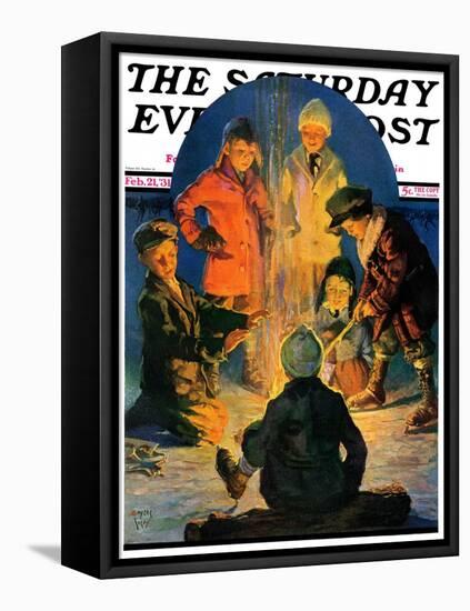 "Skaters' Bonfire," Saturday Evening Post Cover, February 21, 1931-Eugene Iverd-Framed Stretched Canvas