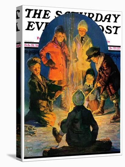 "Skaters' Bonfire," Saturday Evening Post Cover, February 21, 1931-Eugene Iverd-Stretched Canvas