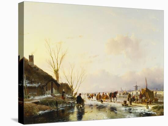Skaters by a Booth on a Frozen River-Andreas Schelfhout-Stretched Canvas