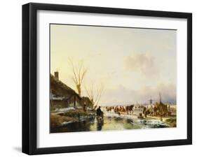 Skaters by a Booth on a Frozen River-Andreas Schelfhout-Framed Giclee Print