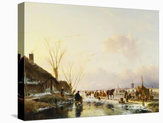 Skaters by a Booth on a Frozen River-Andreas Schelfhout-Stretched Canvas