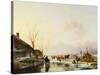 Skaters by a Booth on a Frozen River-Andreas Schelfhout-Stretched Canvas