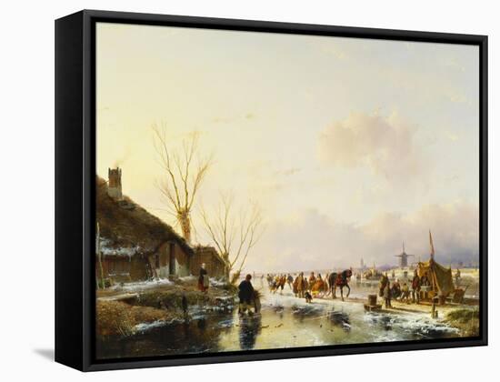 Skaters by a Booth on a Frozen River-Andreas Schelfhout-Framed Stretched Canvas