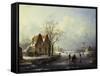 Skaters in a Frozen Winter Landscape-Andreas Schelfhout-Framed Stretched Canvas