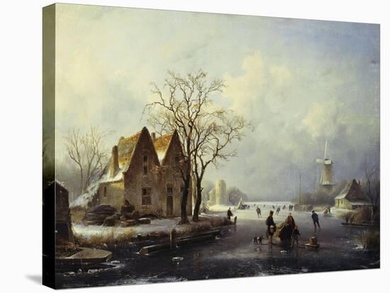 Skaters in a Frozen Winter Landscape-Andreas Schelfhout-Stretched Canvas
