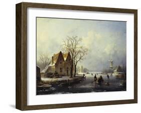 Skaters in a Frozen Winter Landscape-Andreas Schelfhout-Framed Giclee Print