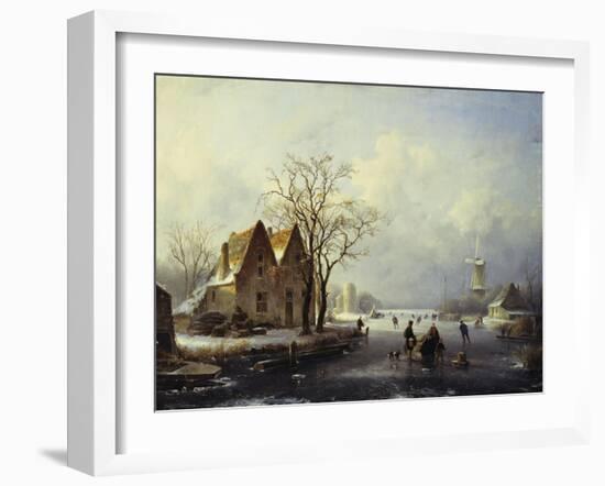 Skaters in a Frozen Winter Landscape-Andreas Schelfhout-Framed Giclee Print