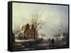 Skaters in a Frozen Winter Landscape-Andreas Schelfhout-Framed Stretched Canvas