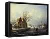 Skaters in a Frozen Winter Landscape-Andreas Schelfhout-Framed Stretched Canvas