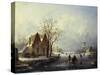 Skaters in a Frozen Winter Landscape-Andreas Schelfhout-Stretched Canvas