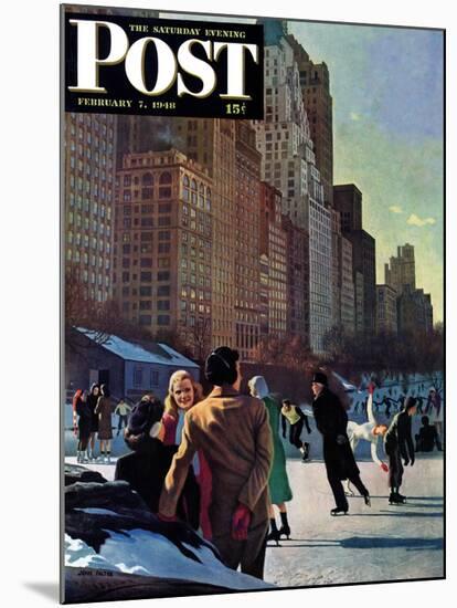 "Skaters in Central Park," Saturday Evening Post Cover, February 7, 1948-John Falter-Mounted Giclee Print