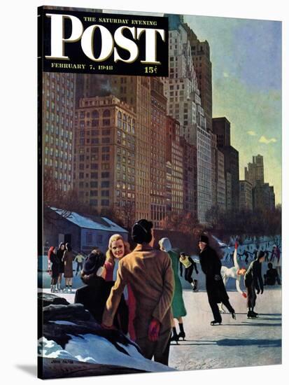 "Skaters in Central Park," Saturday Evening Post Cover, February 7, 1948-John Falter-Stretched Canvas