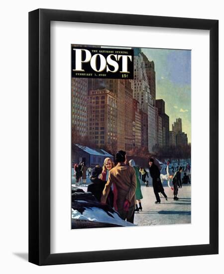 "Skaters in Central Park," Saturday Evening Post Cover, February 7, 1948-John Falter-Framed Premium Giclee Print