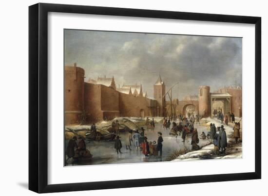 Skaters, Kolf Players, Elegant Ladies and Gentlemen on a Frozen Moat outside City Walls of Kampen-Barent Avercamp-Framed Giclee Print