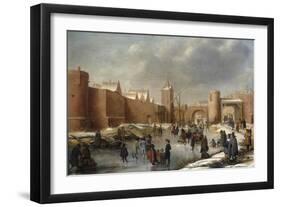 Skaters, Kolf Players, Elegant Ladies and Gentlemen on a Frozen Moat outside City Walls of Kampen-Barent Avercamp-Framed Giclee Print