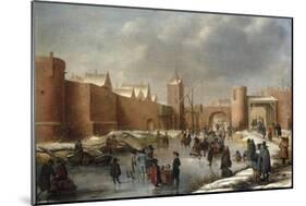 Skaters, Kolf Players, Elegant Ladies and Gentlemen on a Frozen Moat outside City Walls of Kampen-Barent Avercamp-Mounted Giclee Print