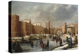 Skaters, Kolf Players, Elegant Ladies and Gentlemen on a Frozen Moat outside City Walls of Kampen-Barent Avercamp-Stretched Canvas