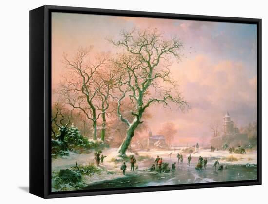 Skaters on a Frozen River-Frederik Marianus Kruseman-Framed Stretched Canvas