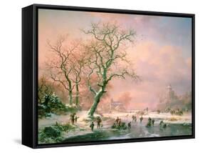 Skaters on a Frozen River-Frederik Marianus Kruseman-Framed Stretched Canvas