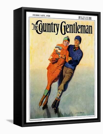 "Skating Couple," Country Gentleman Cover, February 1, 1928-McClelland Barclay-Framed Stretched Canvas