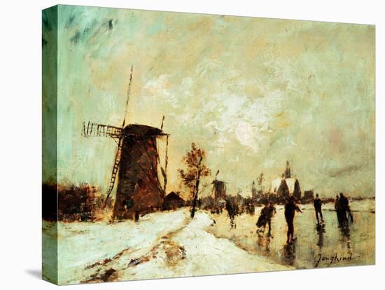 Skating In Holland, 1890-1900-Johan Barthold Jongkind-Stretched Canvas