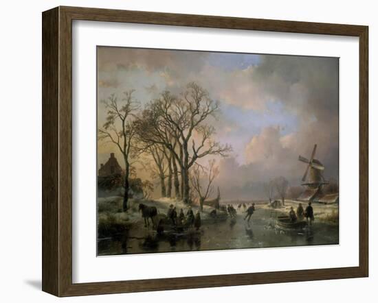 Skating in Holland, Showing a Winter Scene with Ice-Scaters and with a Windmill in the Background-Andreas Schelfhout-Framed Giclee Print