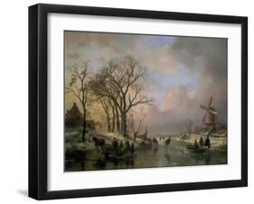 Skating in Holland, Showing a Winter Scene with Ice-Scaters and with a Windmill in the Background-Andreas Schelfhout-Framed Giclee Print